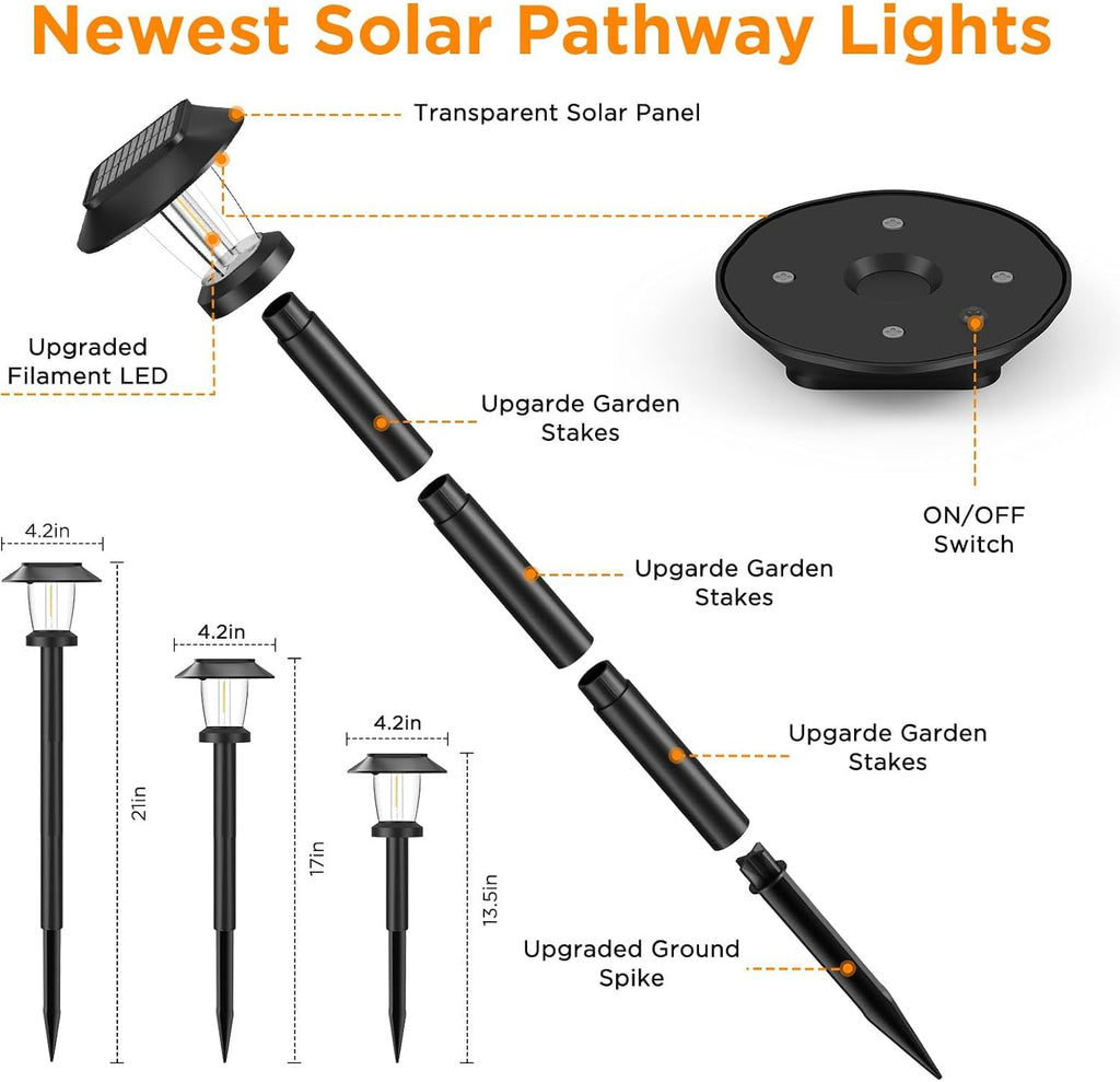 Pathway Lights Outdoor, 12 Pack Warm White Tungsten Filament Solar Lights, 3 Lighting Modes, Auto On/Off, IP65