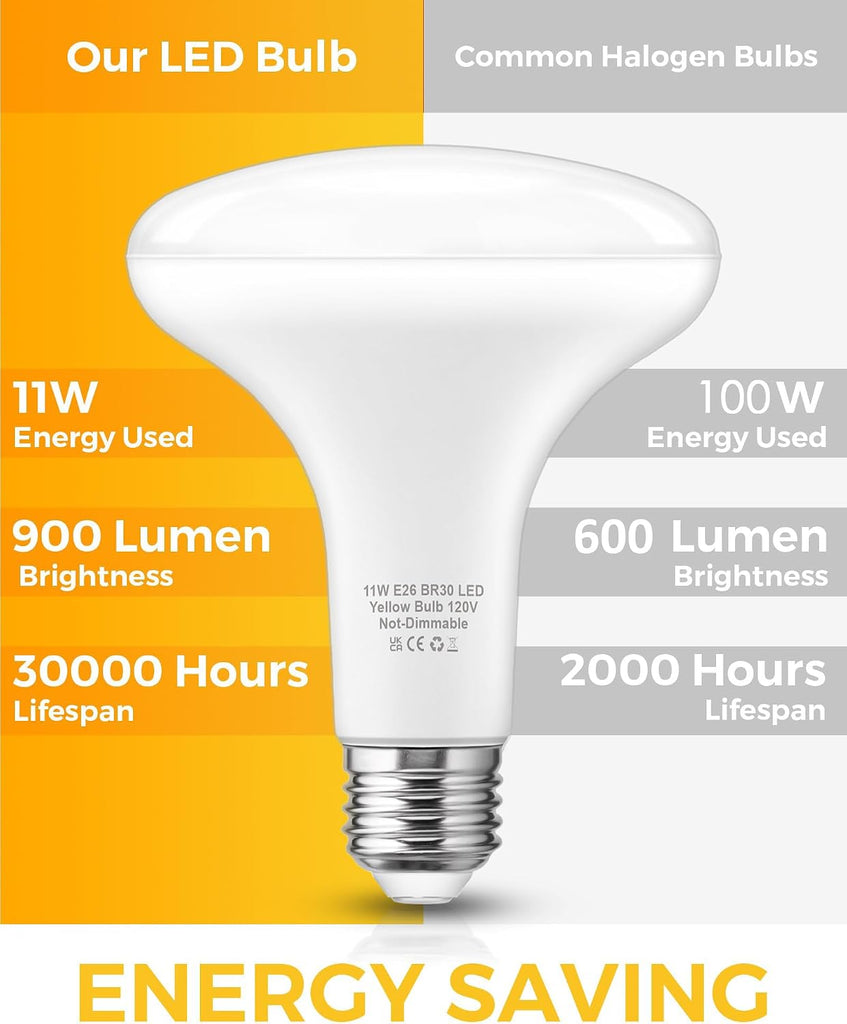 BR30 Yellow Bug Light Bulb 100W Equivalent 11W, 900LM E26 Base Not-Dimmable
