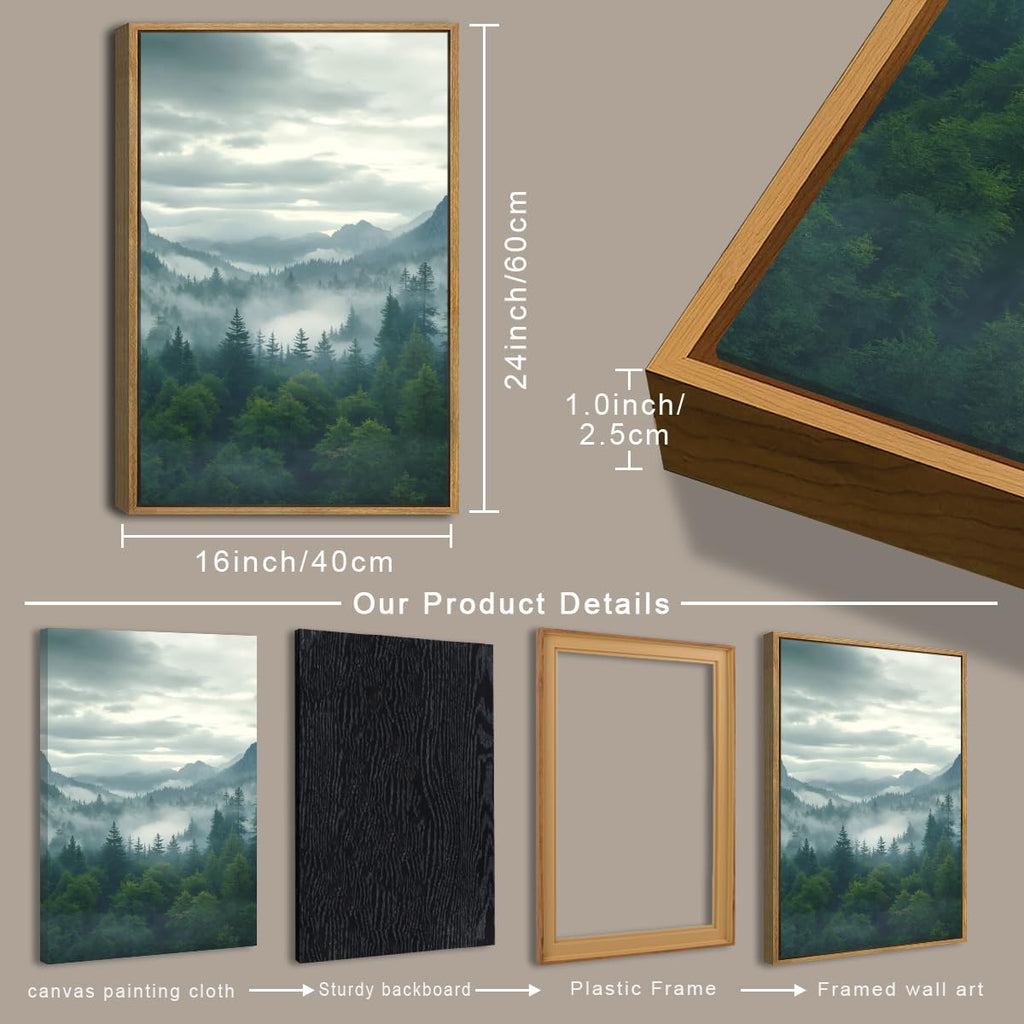 Large Misty Mountain Framed Wall Art 16x24 inch Green Foggy Forest Canvas Wall Decor Modern Pine Trees Nature