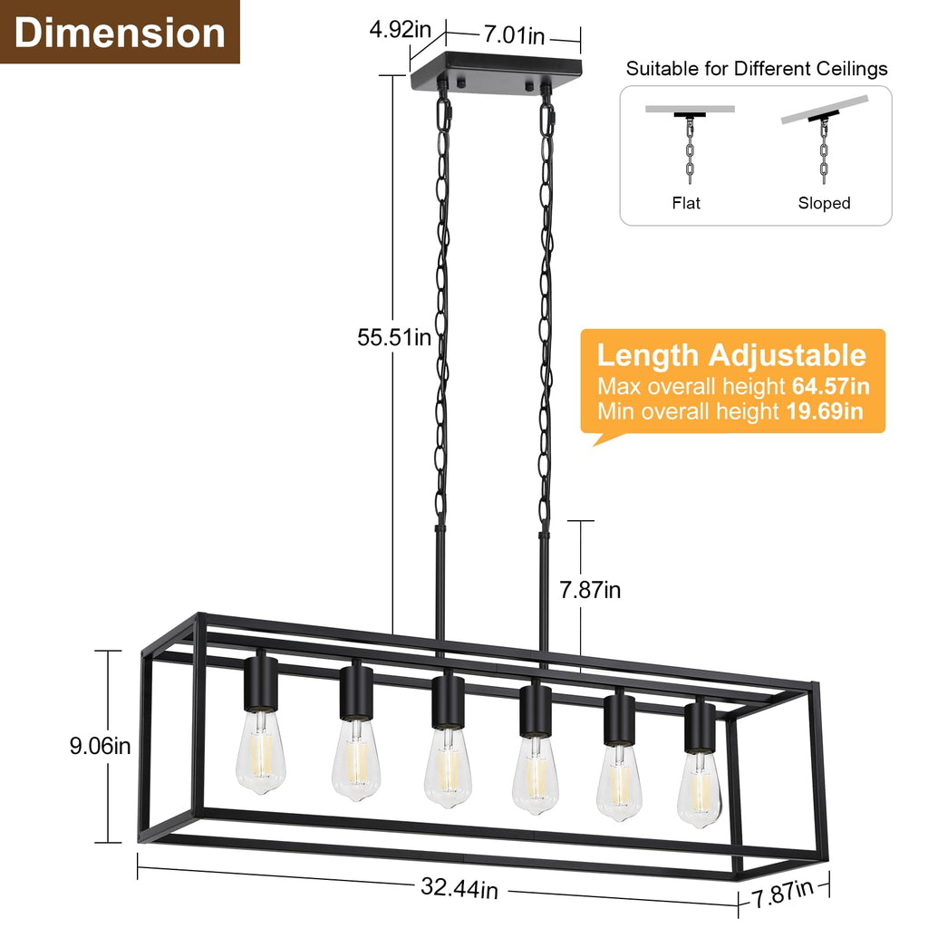 6 Light Black Chandeliers, Adjustable Height Linear Chandelier Kitchen Light Fixture, Modern Farmhouse Chandelier