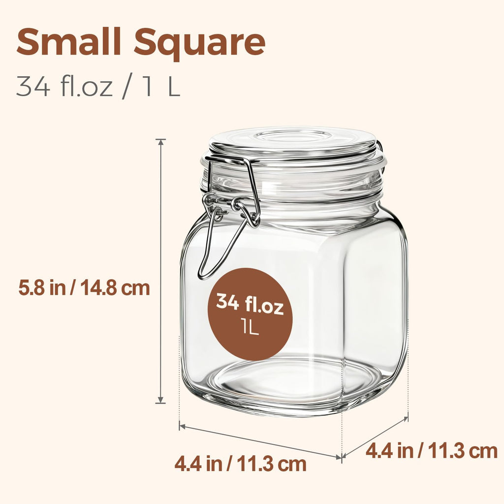 Square Glass Pantry Jars with Airtight Lids 34 oz 3 Pack Coffee