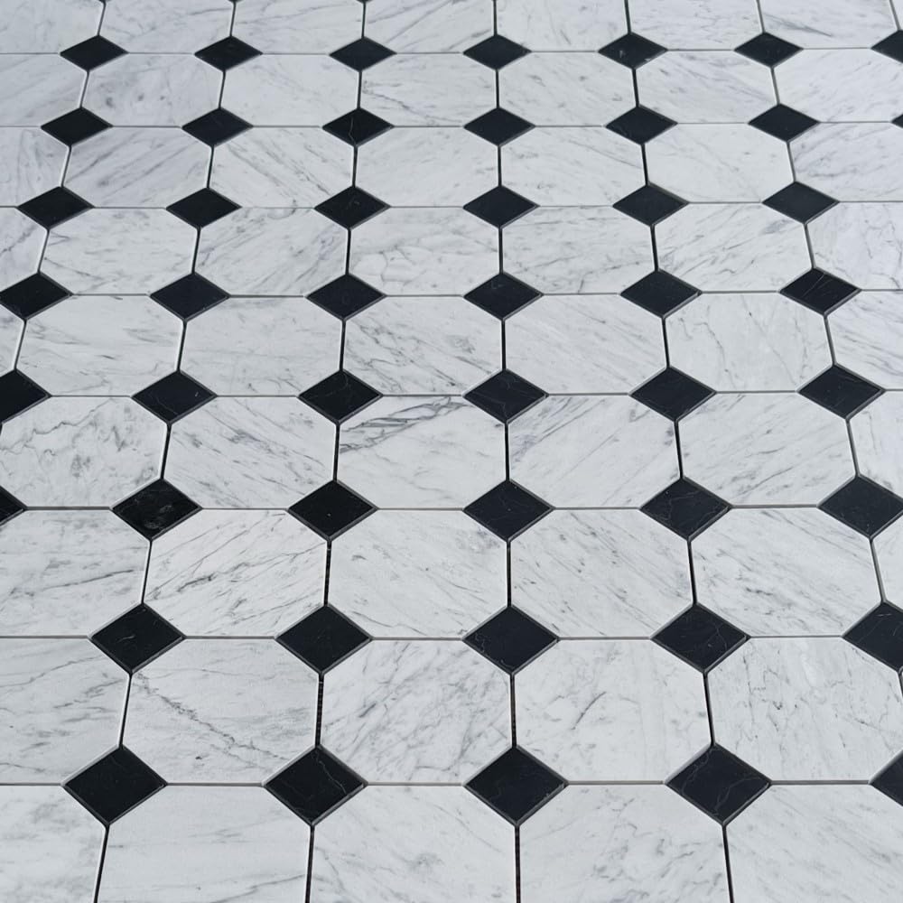 Carrara White Marble 4 inch Octagon Mosaic Tile w/Nero Marquina Black Dots Honed Kitchen Bath Wall Floor Backsplash