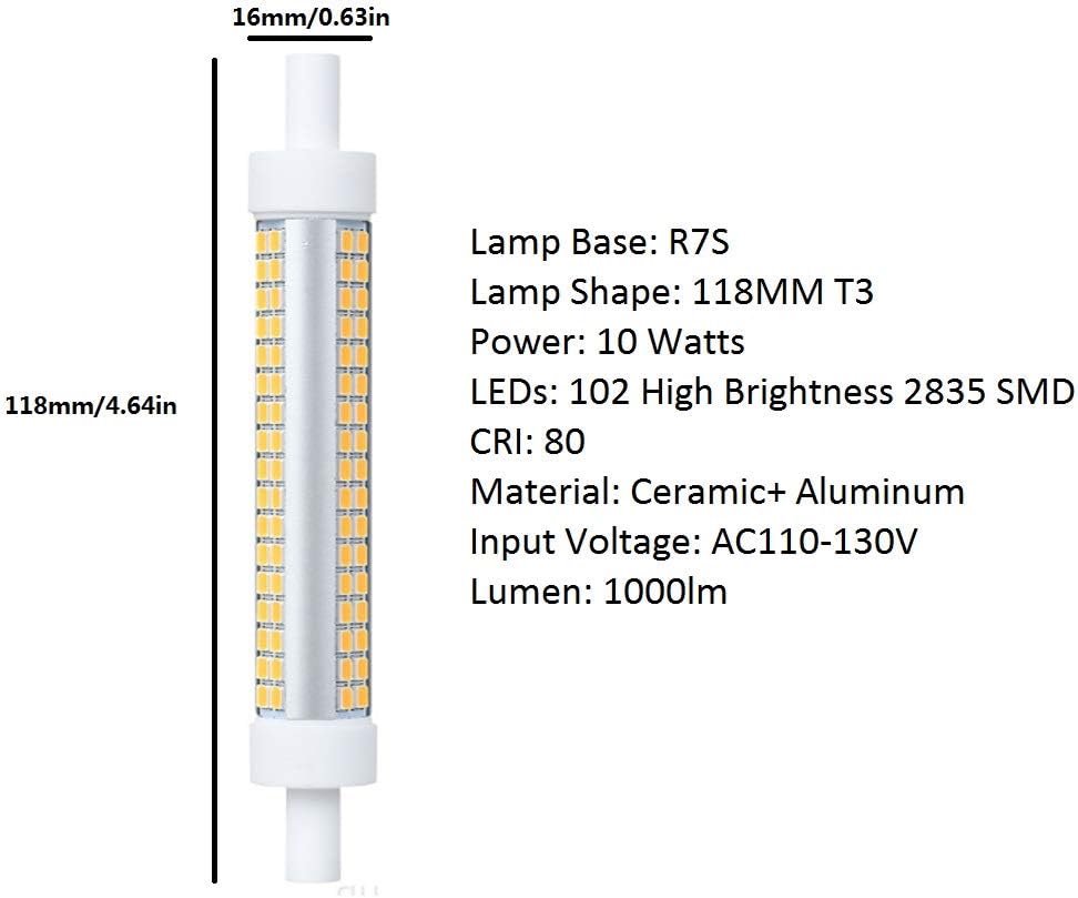 R7S LED Bulb 118mm Dimmable 10W Corn Light Bulbs 2 Pack 102 LEDs 2835 SMD R7S Base Double Ended Floodlight 80W