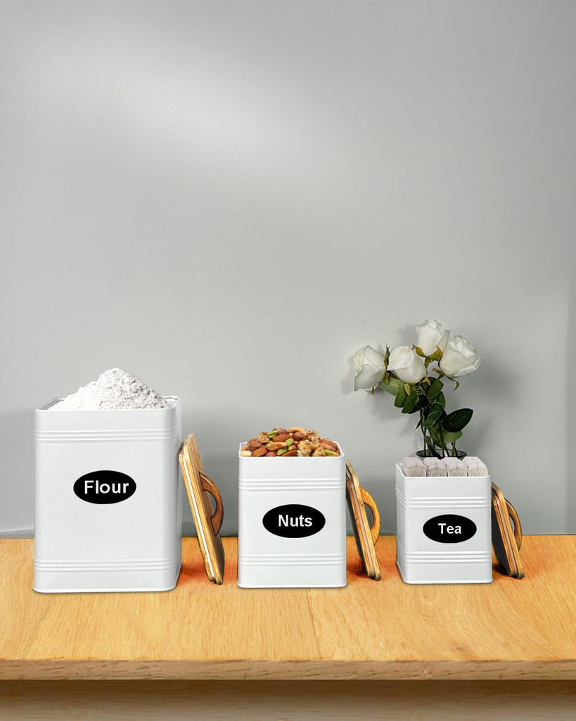 Kitchen Canister - Large 7 Qt Flour and Sugar Containers Airtight - White Metal Food Storage Jars - Set of 3