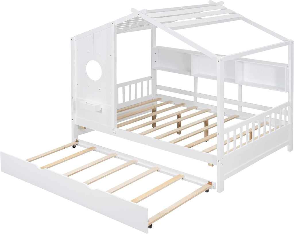Full Size Daybed with Trundle and Bookshelf, No Box Spring Needed, White | House Bed with Roof and Round Window for