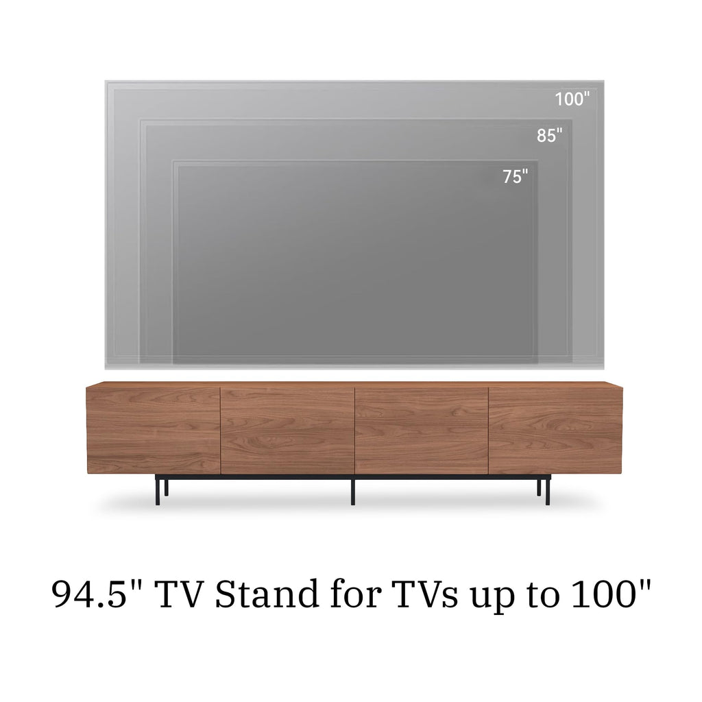 Modern Walnut TV Stand - Long Media Console with 4 Doors, Large Concealed Storage, Cable Management & Metal Legs
