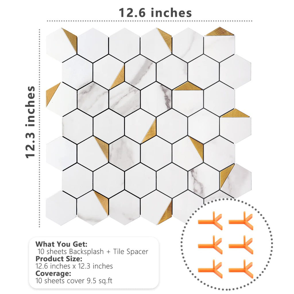 Peel and Stick Backsplash , Self-Adhesive Tile Hexagon Mosaic Tiles (10 Sheets, White Marble with Metal Gold )
