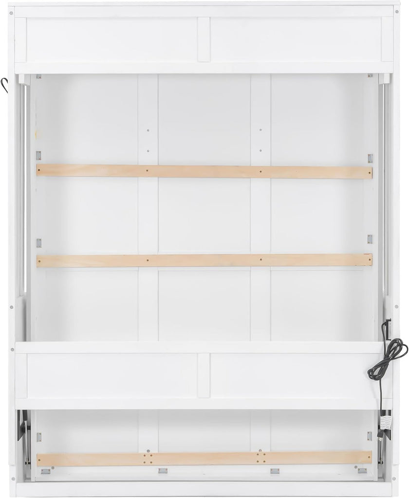 Queen Murphy Bed with Desk, LED Lights & USB Charging Station,Solid Wood Vertical Murphy Wall Bed Cabinet with