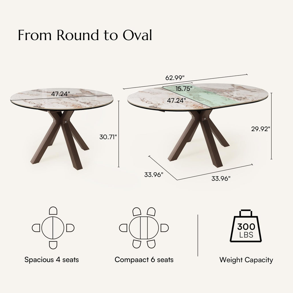 Modern Extendable Dining Table, 47" to 63" Round to Oval Sintered Stone Kitchen Table with Carbon Steel Pedestal Base