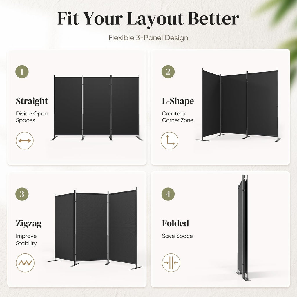3 Panel Room Divider 100" W x 71" H Folding Privacy Screen, Black