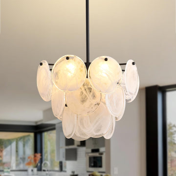 Black Glass Pendant Light, 13.78" Modern Crystal Chandelier Kitchen Island, 4-Light Round Adjustable Height Ceiling