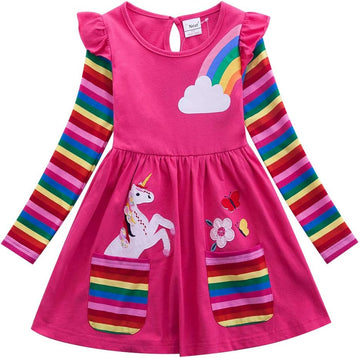 Cotton Girls Flower Rainbow Long Sleeve Dresses Butterfly Animal for Kids