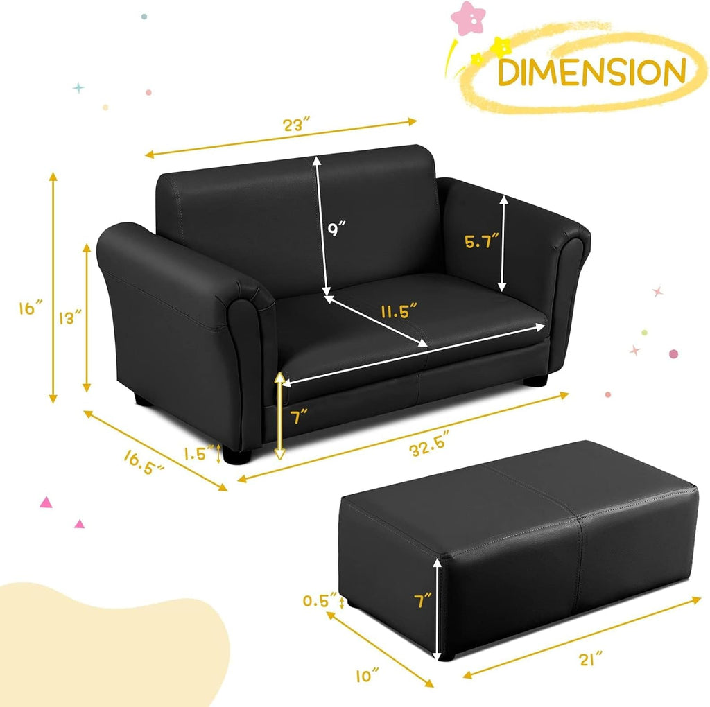 2 Seat Children Sofa with Footstool, Sturdy Wood Construction, Armrest Couch for Preschool Kids, Kid Couch Lounge Bed