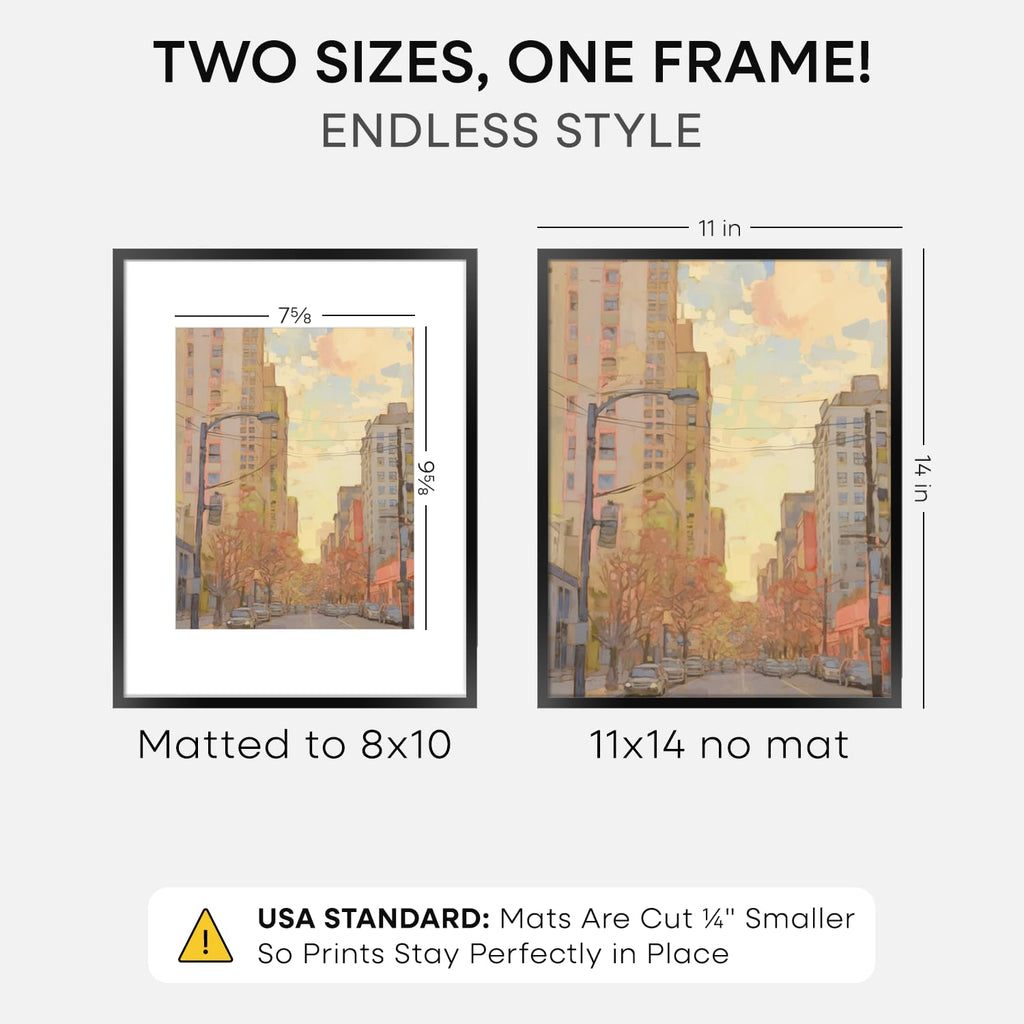 11x14 Black Picture Frame, High-End Metal, 8x10 Mat, Glass