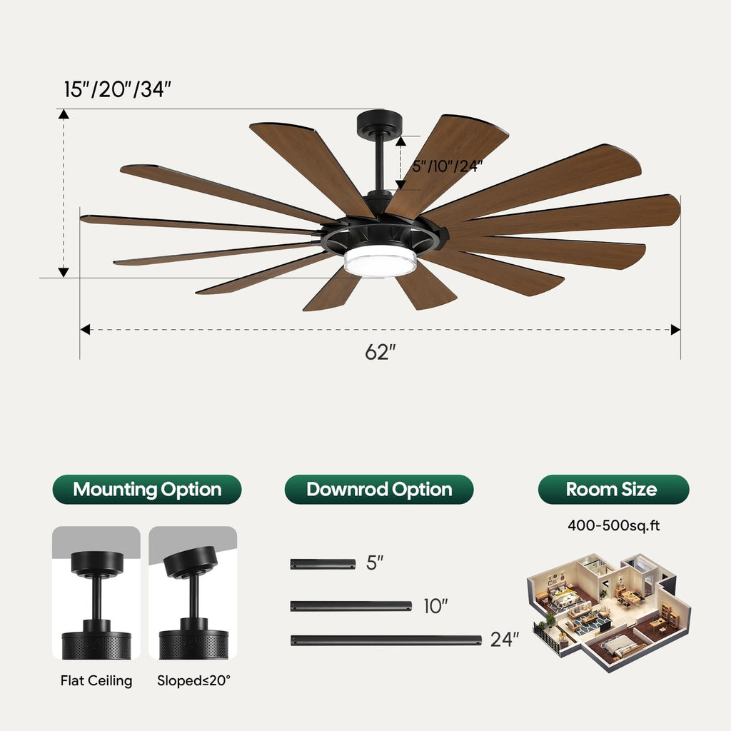 62 Inch Farmhouse Ceiling Fan with Light and Remote, 12 Blade Dual-Finish