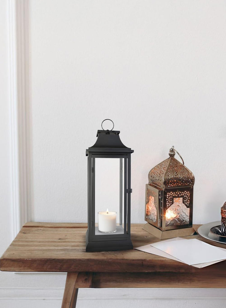 25" Tall Black Decorative Hurricane Lantern with Clear Glass Panels - Indoor Lantern and Outdoor Lantern for Porch