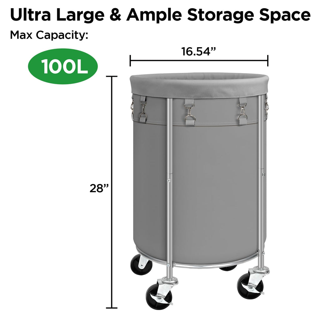 100L Round Rolling Laundry Hamper Basket with Wheels, Grey