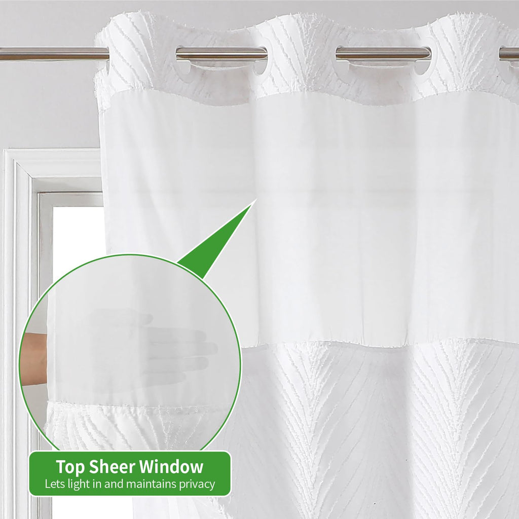 No Hook Shower Curtain and Liner Set, Boho Style with See Through Top Window, White Fabric Tufted Striped Textured