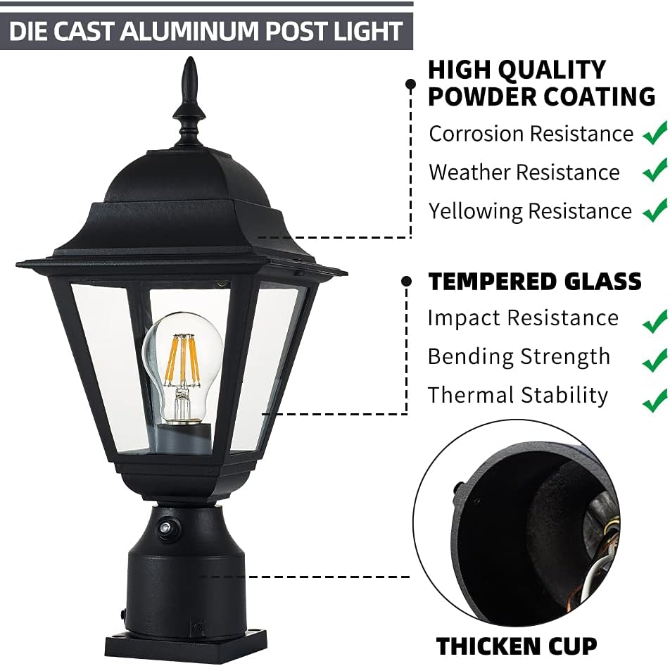 Dusk to Dawn Outdoor Post Light,Waterproof Cast Aluminium Lamp Post Light Fixture,Post Lantern with Pier Mount Base