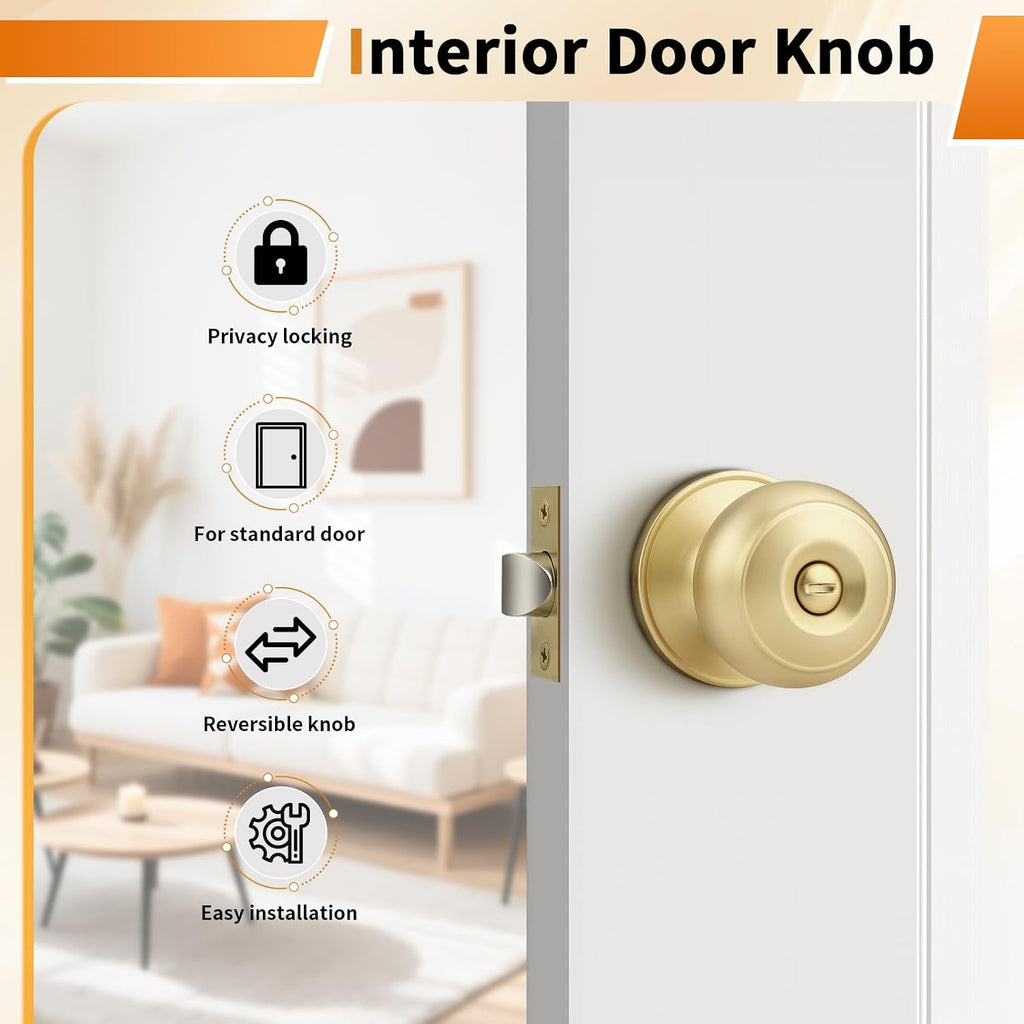 Brushed Brass Door Knobs Bathroom, Interior Door Knob with Round Ball, Gold Privacy Door Knob, 6 Pack