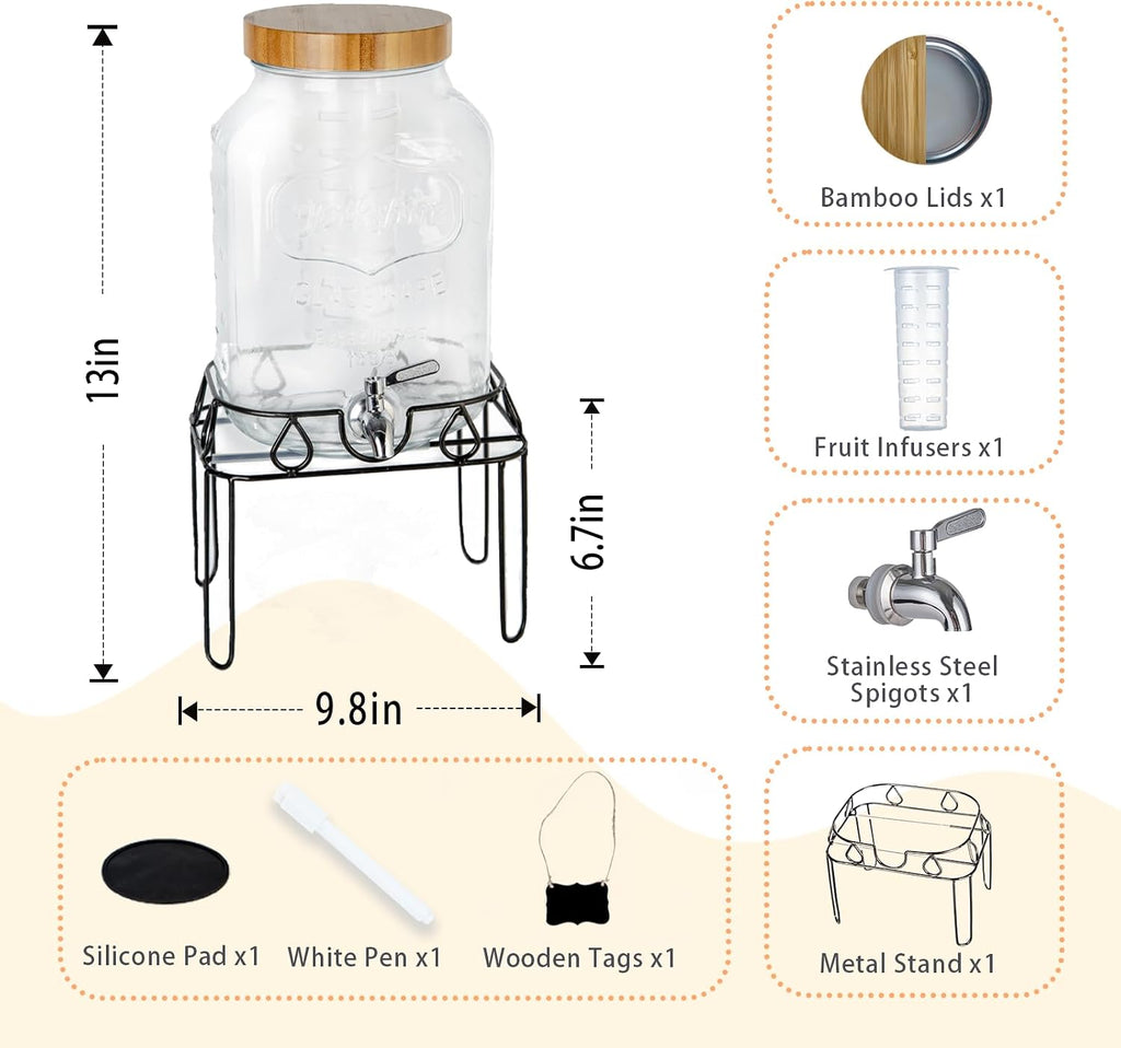 2 Gallon Glass Drink Dispenser with Stand and Bamboo Lid, Lemonade Dispenser with Stainless Steel Spigot