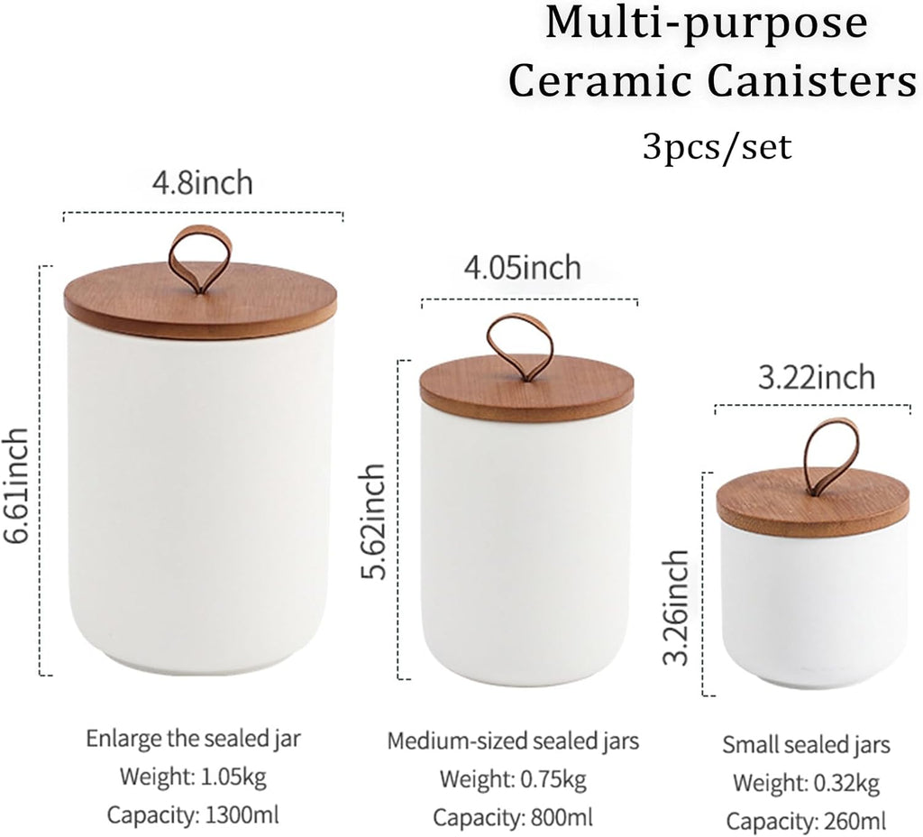 Kitchen Canister Set for Countertop, 9/28/45 oz Ceramic Food Storage Containers with Airtight Wood Lids - Set of 3