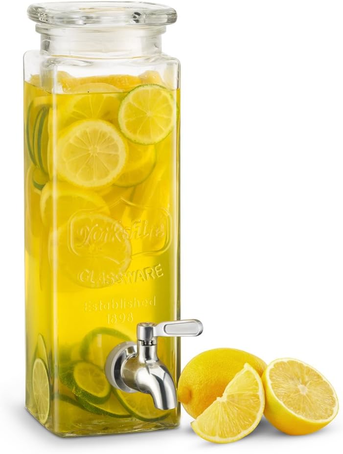 Glass Drink Dispenser, with Leak-Proof Stainless Steel Spigot, Clear Rectangular Mason Jar, Beverage Storage