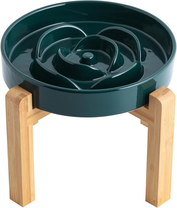 8.66 in Green Dog Bowl Ceramic Slow Feeder with Wood Stand for Small Medium Large Dogs, Elevated/Raised Slow Feeding