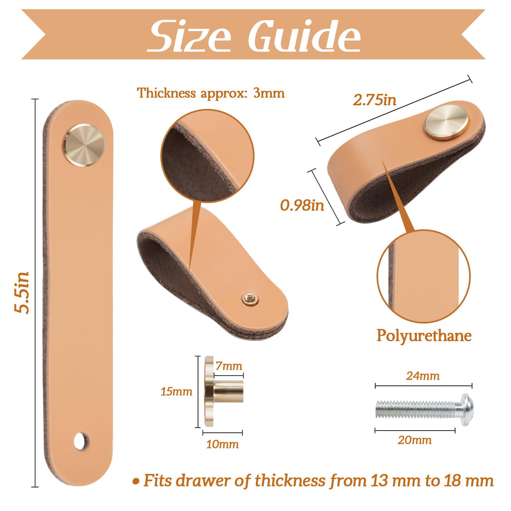 4 Pack Leather Drawer Pulls Beige Cabinet Handles Single Hole Dresser Knobs Cabinet Door Handle, Faux Leather Pulls