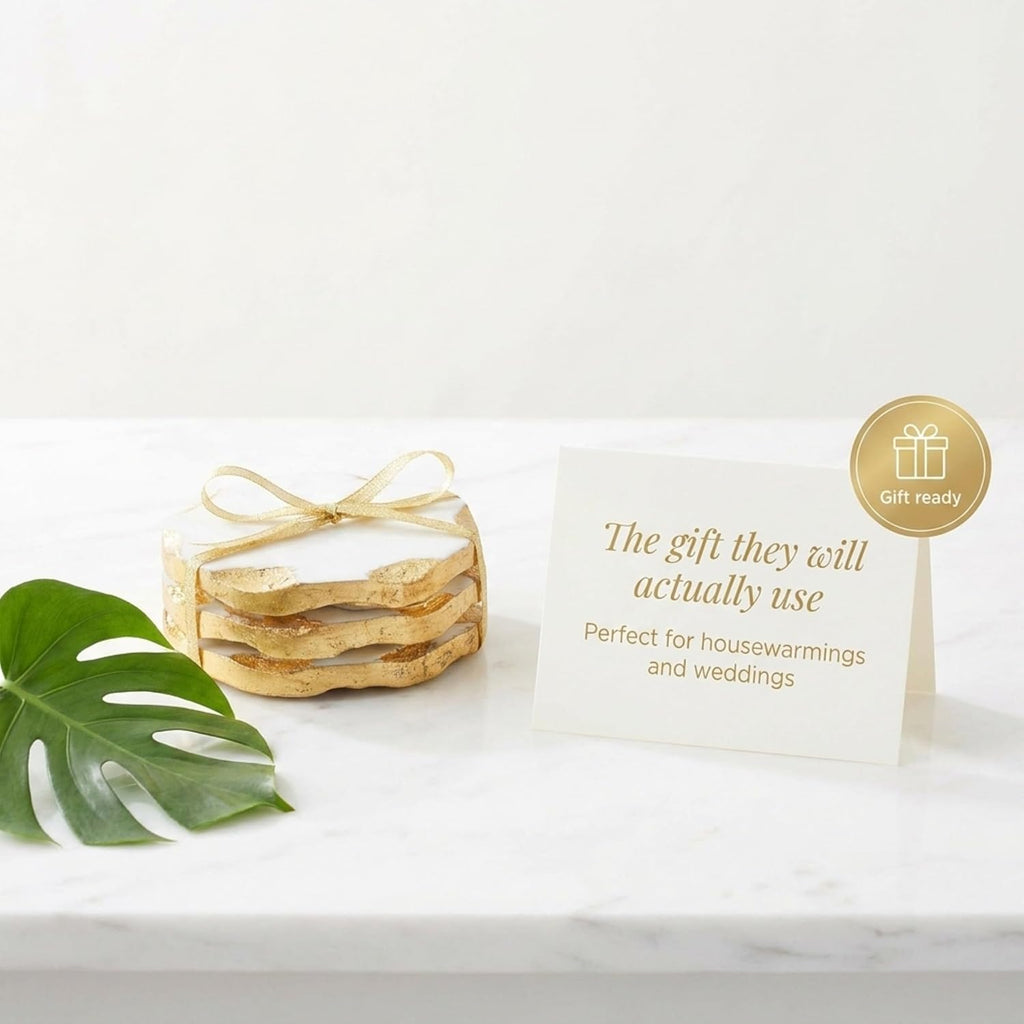 Round Coasters Gold Edge, Marble Coaster Set, Table Protection - Set of 4