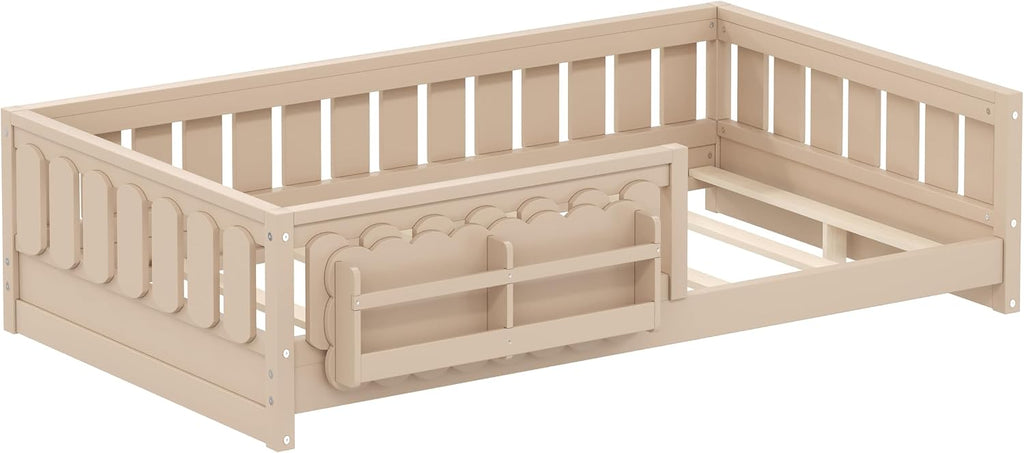 Floor Bed Frame for Kids with Fence and Bookshelves, Natural