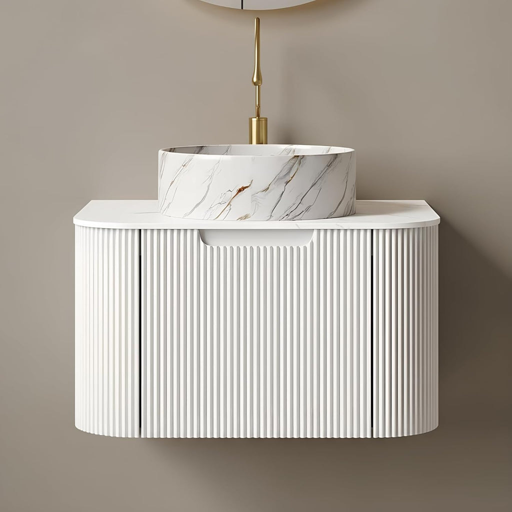 24-Inch Floating Bathroom Vanity with Sink, Solid Wood Fluted Cabinet, Marble-Pattern Ceramic Basin, Faux Marble Top, Soft-Close Drawer, White