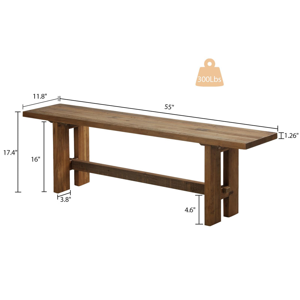 Reclaimed Solid Wood Bench, 55" Farmhouse Entryway Bench