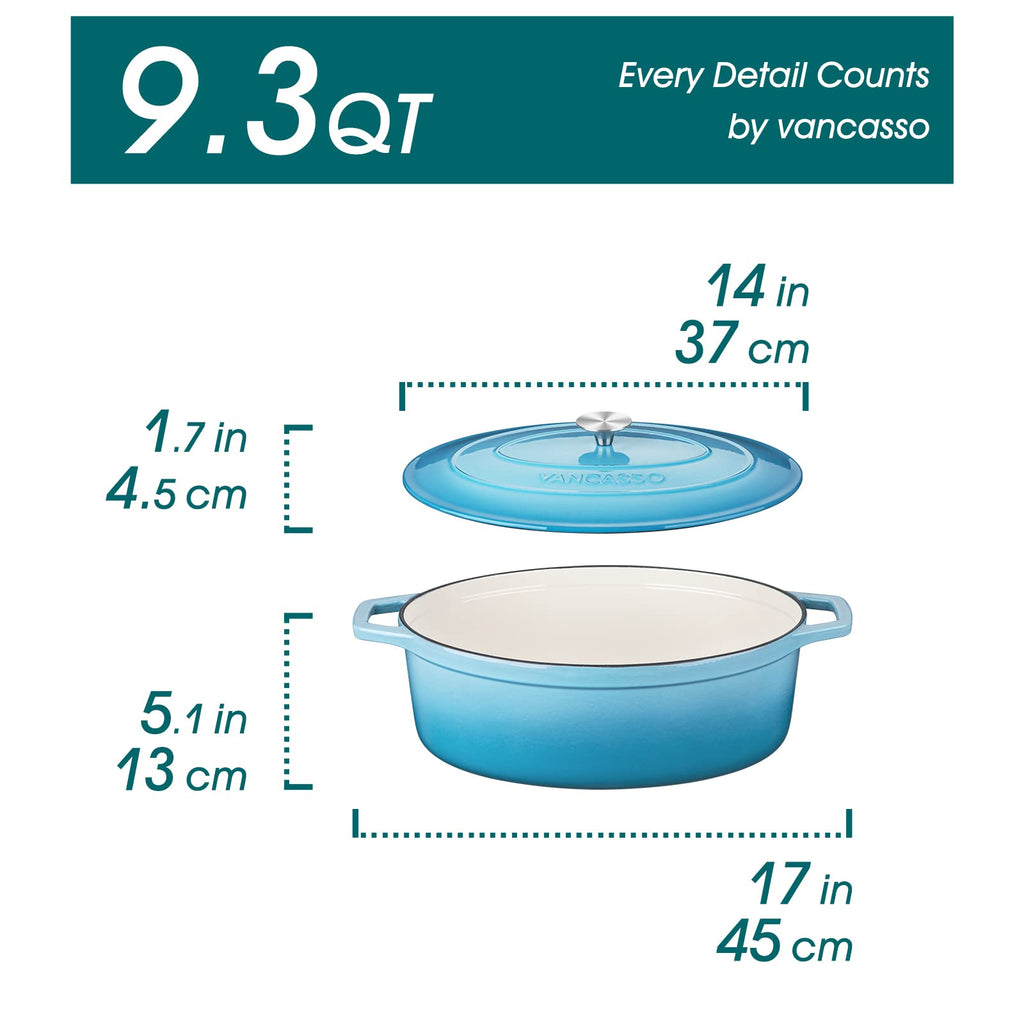 9.3 Qt Oval Enameled Cast Iron Dutch Oven with Lid, Light Blue