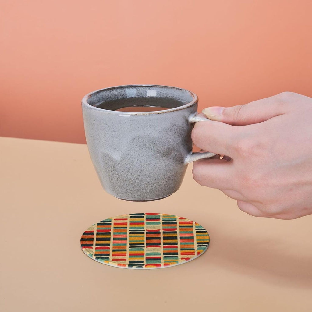 Mid Century Modern Style Leather Drinks Coasters with Holder - Set of 6