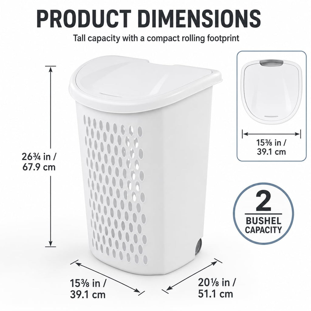 White Rolling Laundry Hamper with Wheels & Handle, 2 Bushel