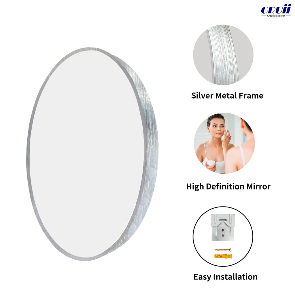 Round Mirror, 24 inch Silver Circle Mirror,Bruhsed Nickel Metal Frame