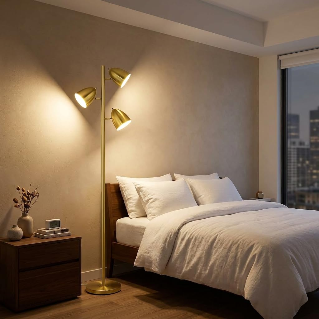 65-Inch Gold 3-Light Tree Floor Lamp with Adjustable Metal Heads