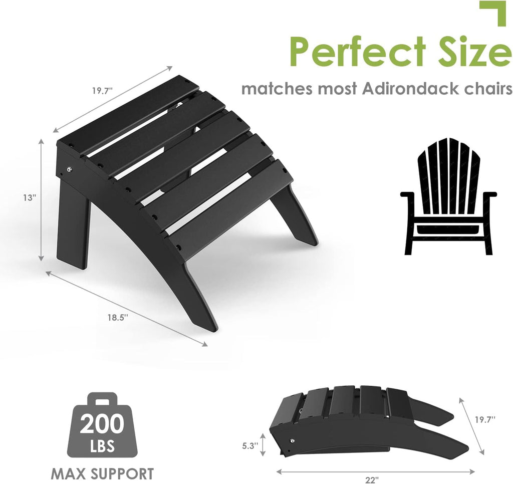 Adirondack Ottoman Set of 2, HDPE Plastic, Black | 19.7'' W x 13''H x 18.5'' D | All Weather Footrest | for Outdoor