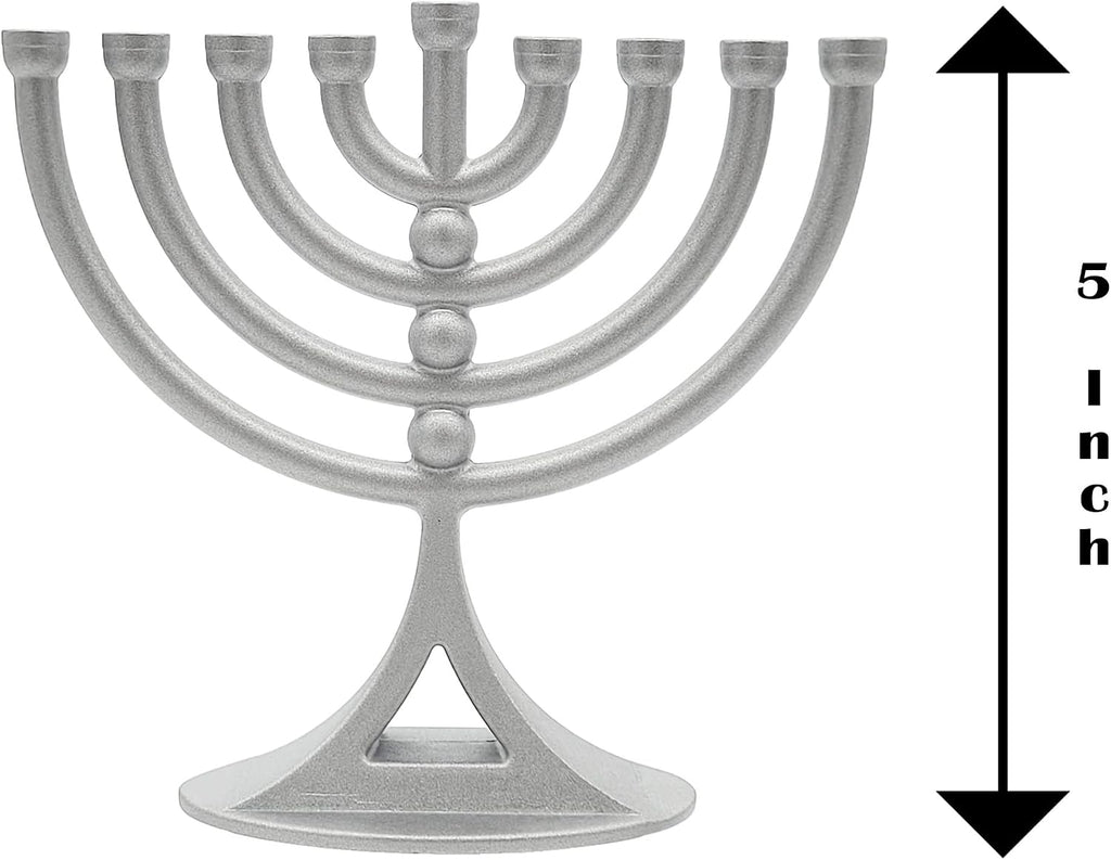 Hanukkah Silver Matte Mini with Candles Classic 5 Inch Great for Travel, Hanukkah Decor Centerpiece