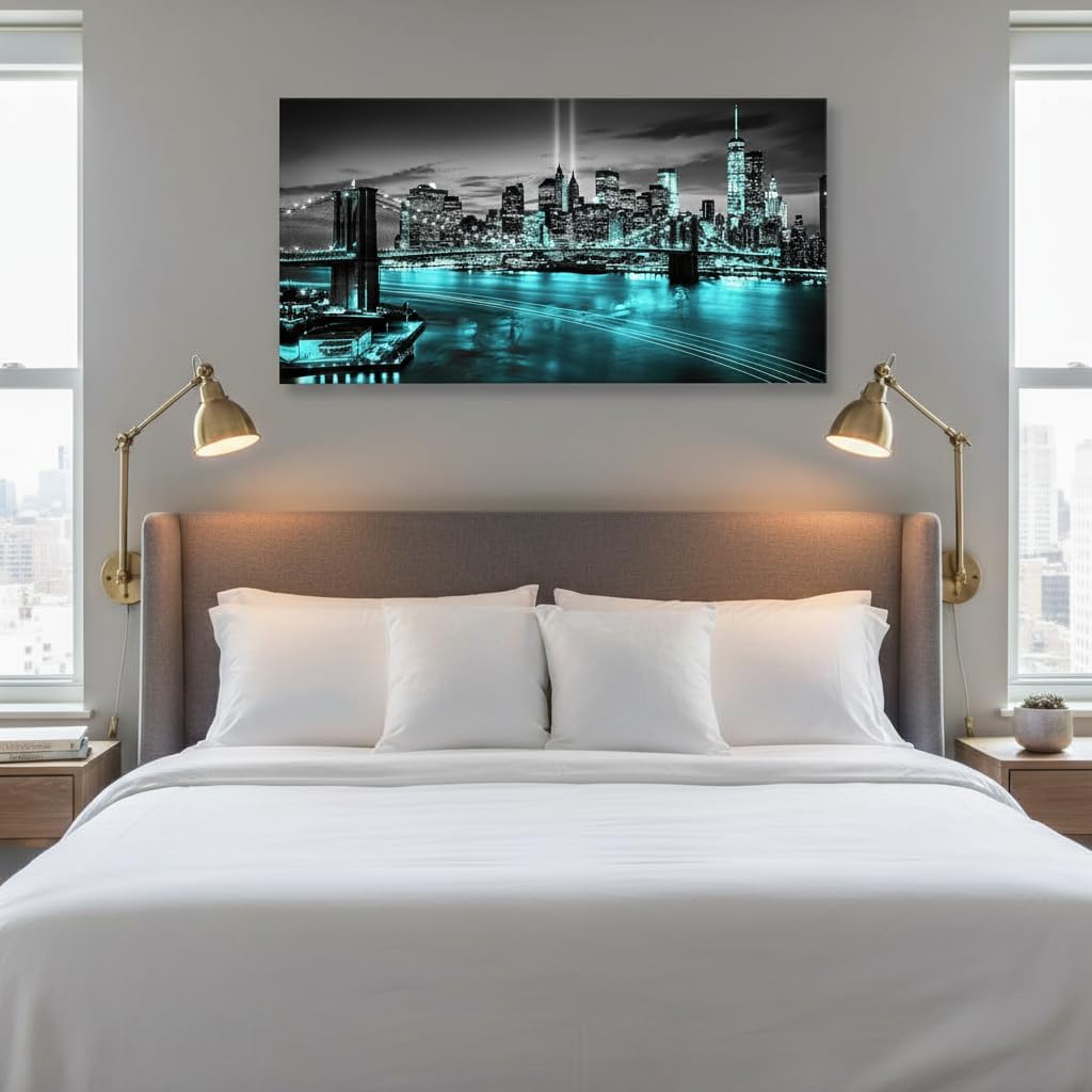 New York City Canvas Wall Art Black White Brooklyn Bridge Pictures Teal NYC Skyline Cityscape Artwork Bedroom Modern