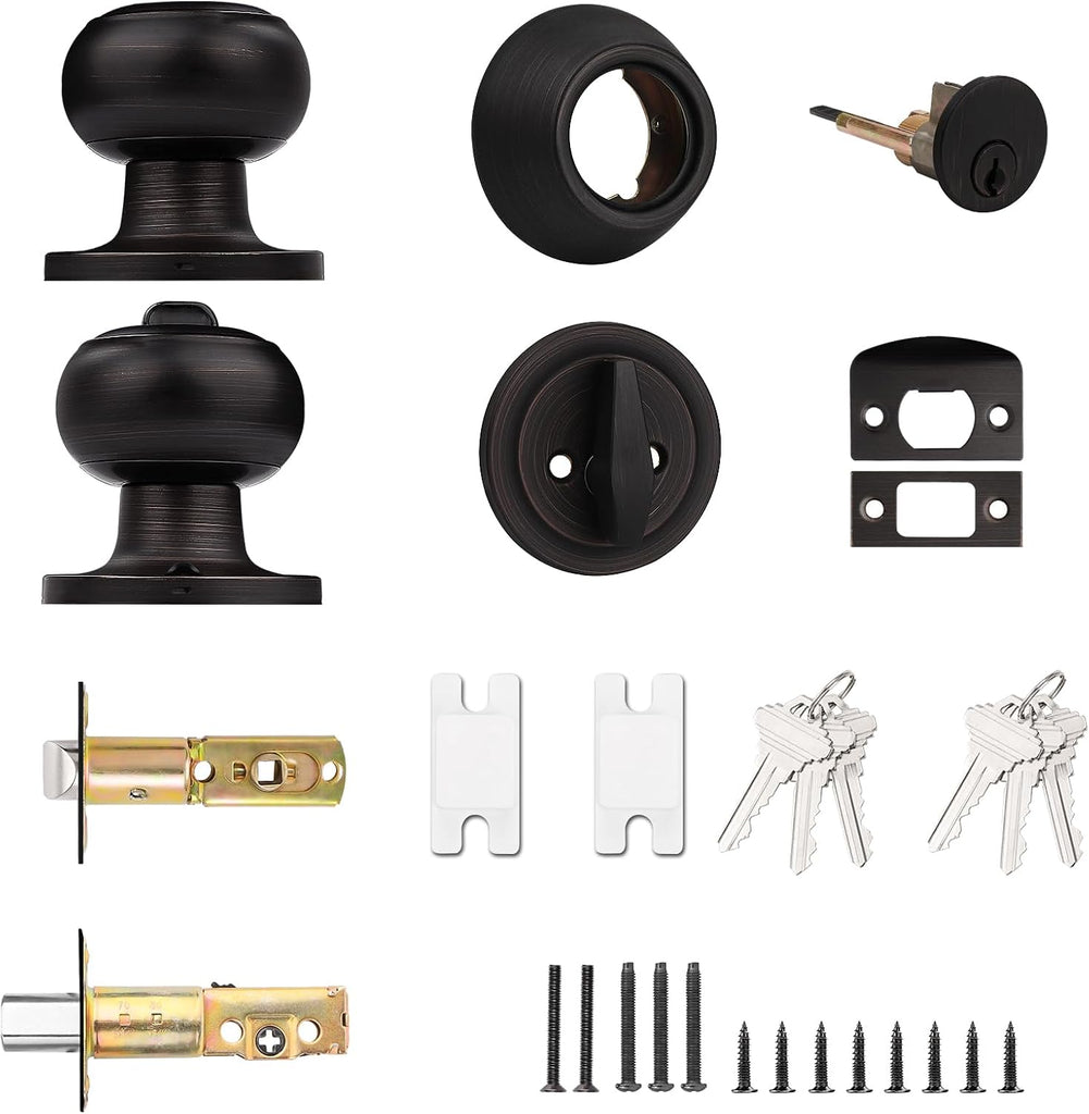 Entry Door Knob Lock Set and Single Cylinder Deadbolt Combination Set, Oil-Rubbed Bronze (3 Pack) Keyed Alike