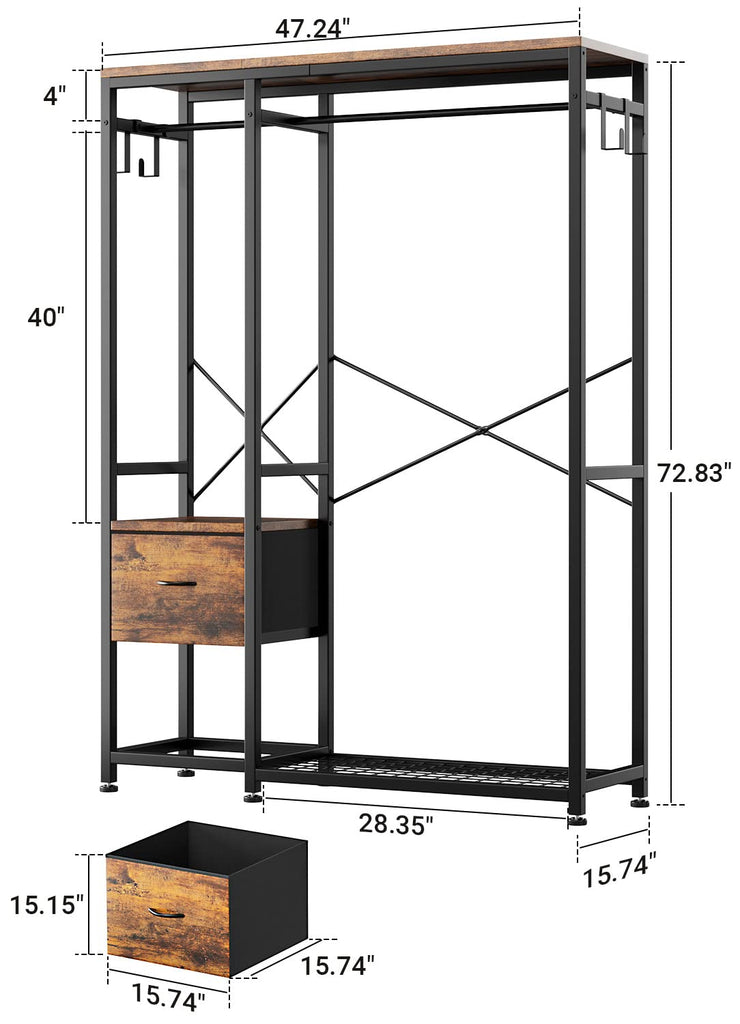 Clothes Rack with 2 Rods, Shelves, Drawers & Hooks, Garment Rack