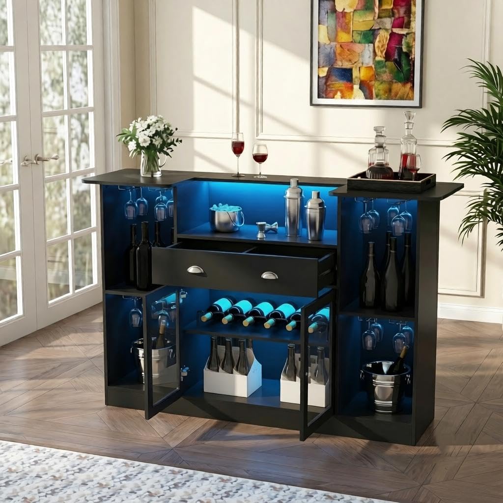 63" Coffee Bar Cabinet with Storage, Black Wine Cabinet with LED Lights | Bar Table with Storage Drawer & Glass