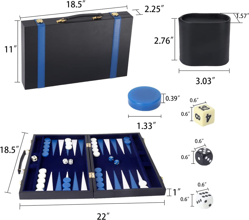GSE Premium Leather Backgammon Board Game Set, Black&Blue, Large