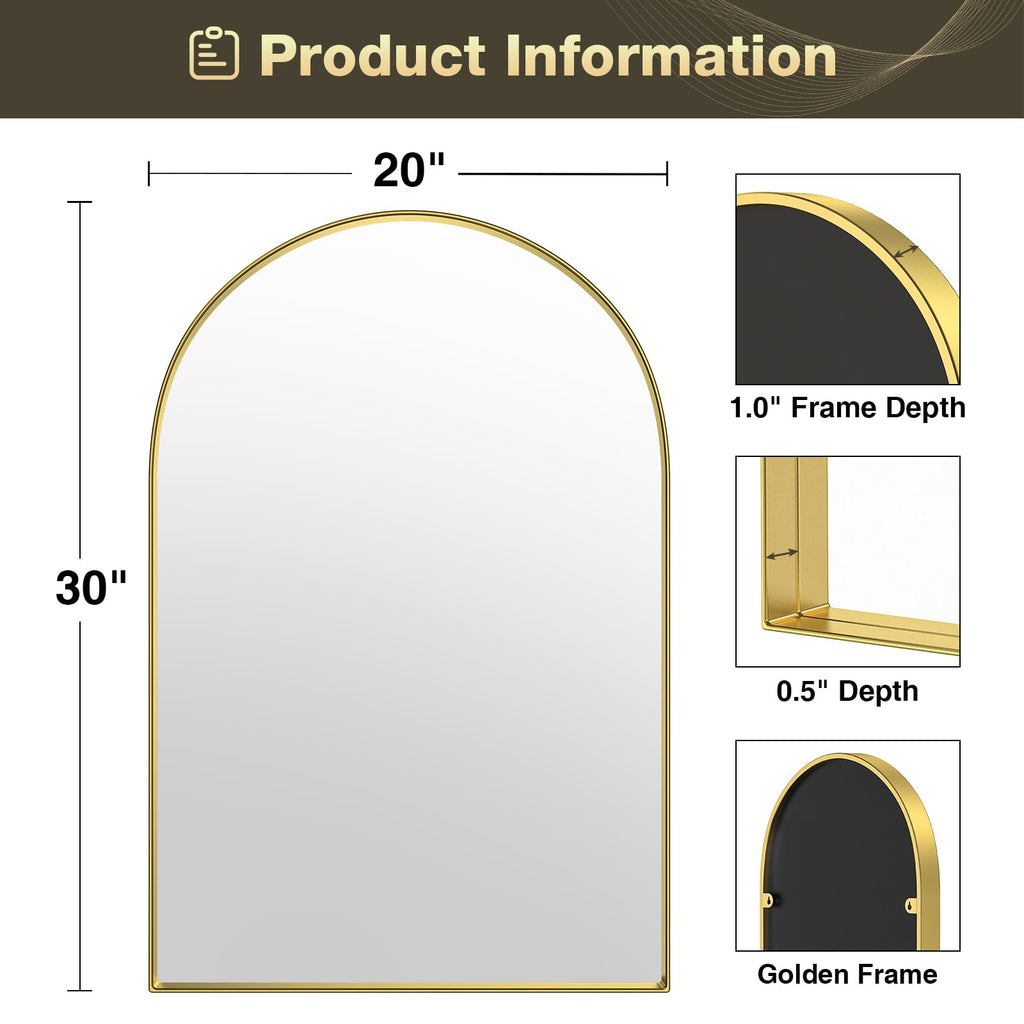 Arched Mirror, Arched Wall Mirror, 20 x 30 Inch Gold Arch Mirror, Metal Frame Gold Bathroom Mirror, Arched Top