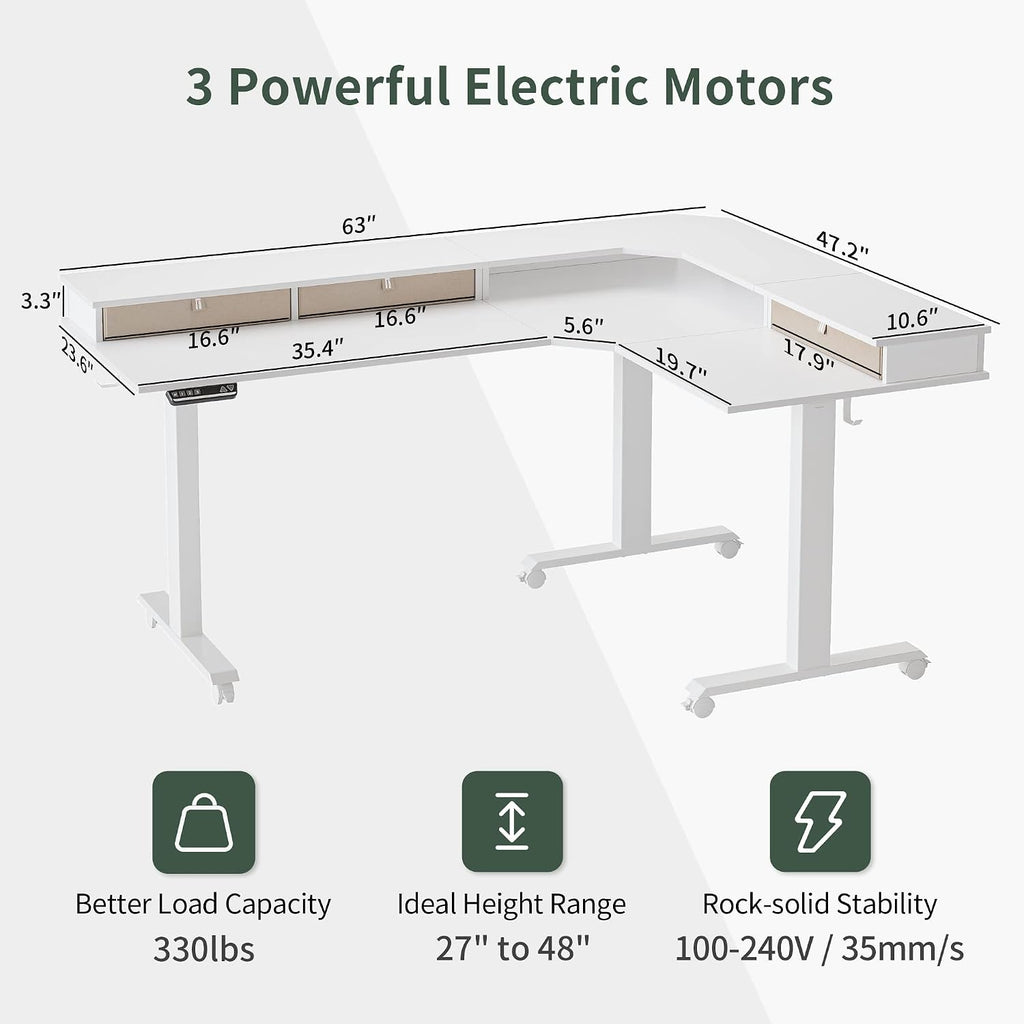 Triple Motor 63" L Shaped Standing Desk with 3 Drawers, Electric Standing Gaming Desk Adjustable Height, Corner Stand
