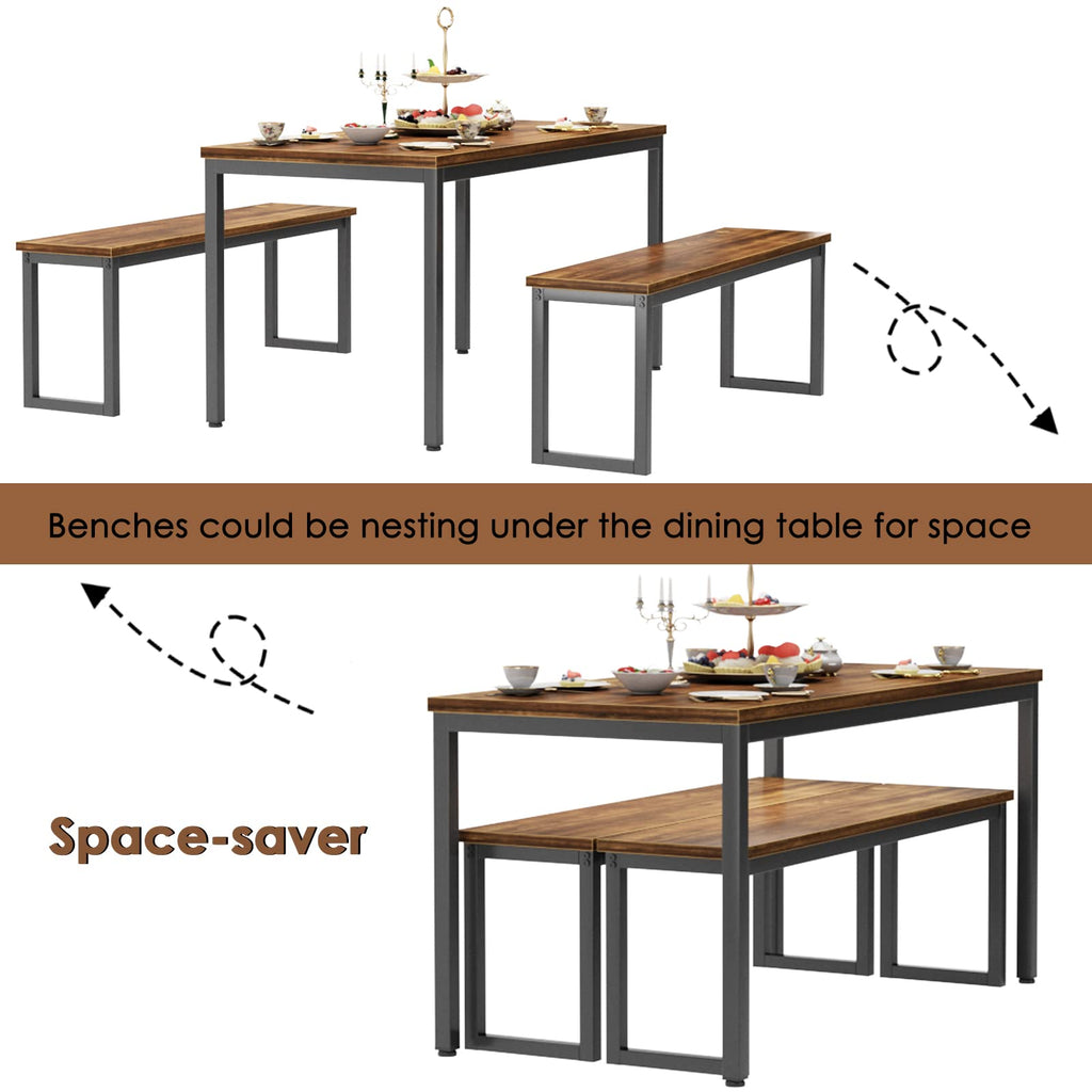 Kitchen Table Set with 2 Benches, Bench Dining Table Set for 4, 3 Piece Dining Room Table and Long Benches, Breakfast