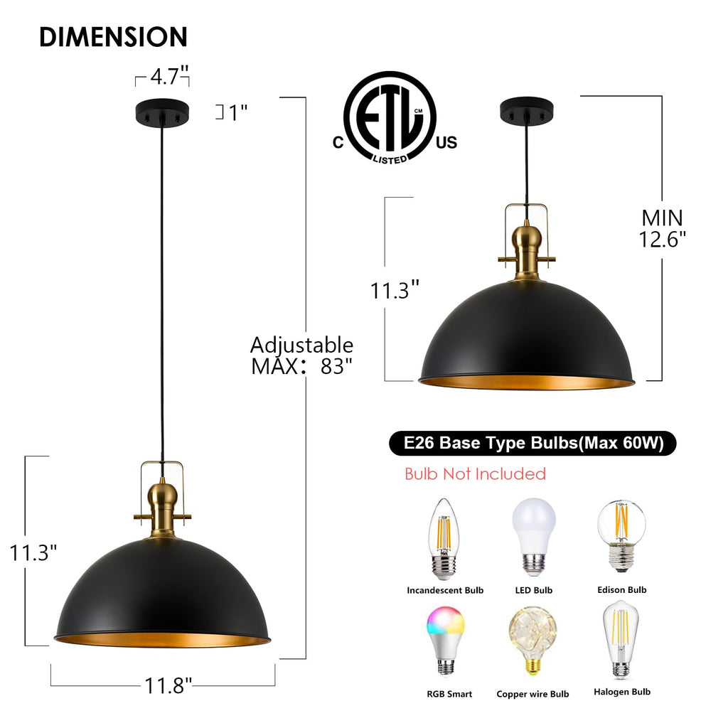 12 Inch Black Farmhouse Pendant Lights Island 3 Pack
