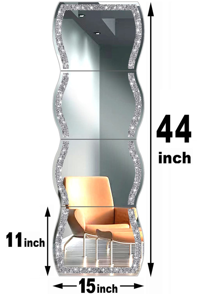 Wave Pattern Crushed Diamond Body Mirror Set - 4pcs 11x15 inch Dressing & Makeup Mirror for Decor, Gym, Door (11x15